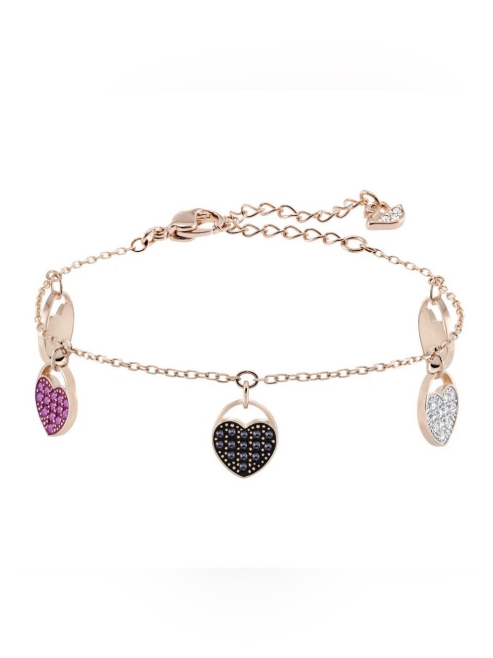 Swarovski Rose Gold Bracelet with Pink, Black & White Heart Charms - Picture 2 of 6